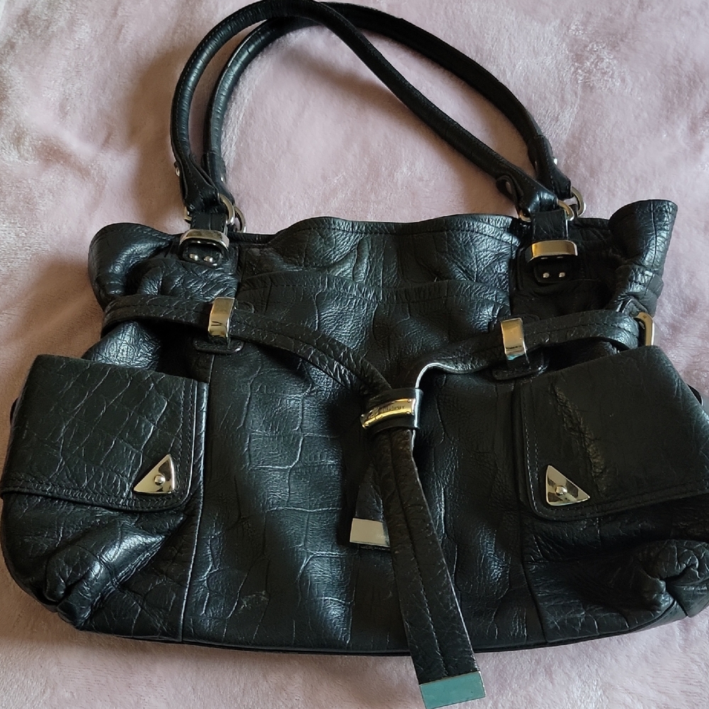 B. Makowsky Black Leather Shoulder Bag with Silver Accents